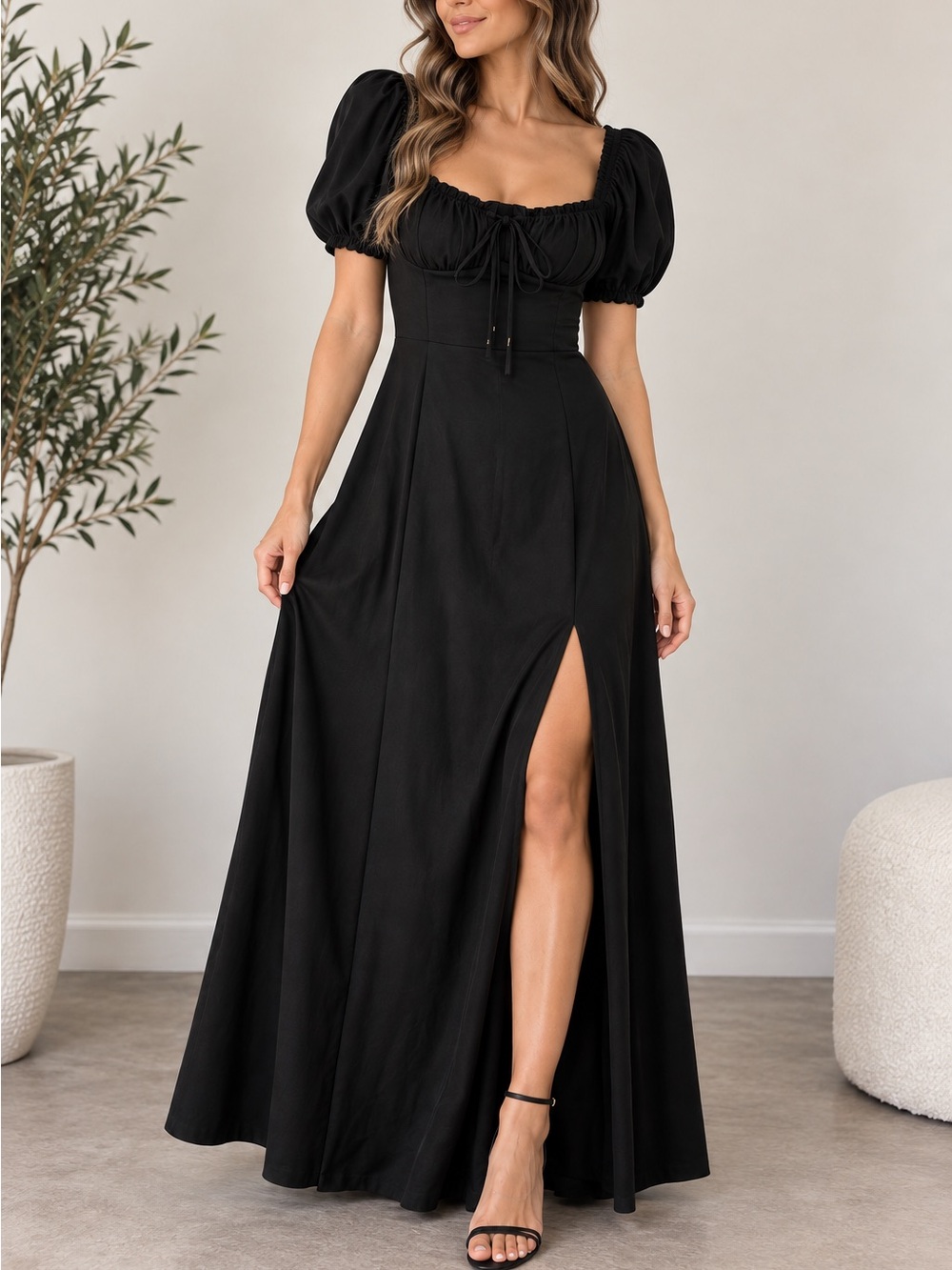 Black Puff Sleeve Maxi Dress Size L Ruched Tie Front Square Neck Side Slit